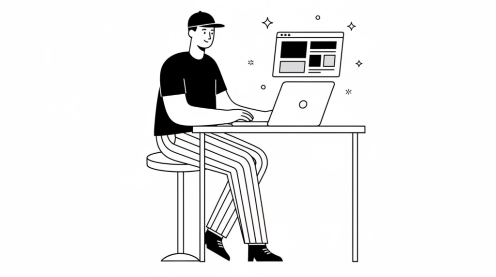 Illustration einer Person, die an einem Tisch am Laptop sitzt und konzentriert an einer Website arbeitet.