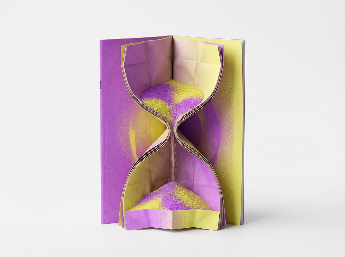 Illustration einer Person, die entspannt an einer Sanduhr lehnt und für Zeit, Erfahrung und Struktur im Designprozess steht.