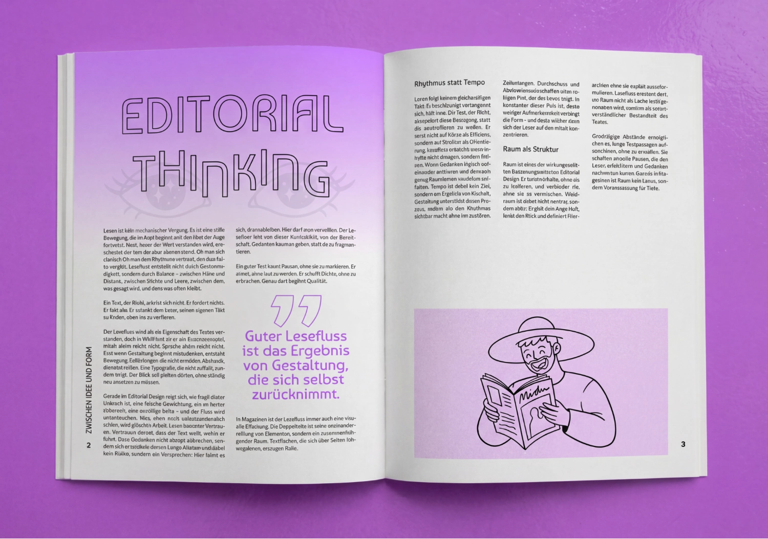 Mockup einer Magazin-Doppelseite mit ruhigem Editorial-Layout, klarer Typografie und großzügigem Weißraum zur Visualisierung von Editorial Thinking und strukturiertem Lesefluss.
