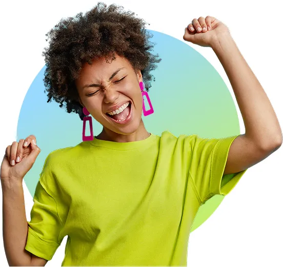 Woman looking extremely excited and dancing