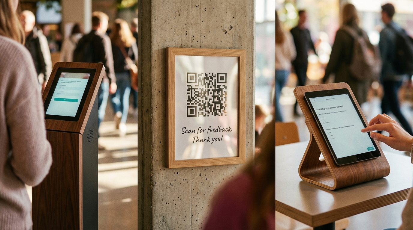 Row of three feedback collection methods: kiosk, QR code on signage, and tablet stand side-by-side