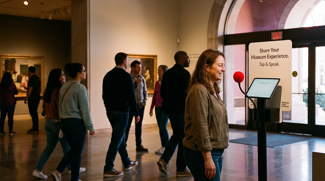 A voice feedback kiosk in a museum setting with diverse visitors