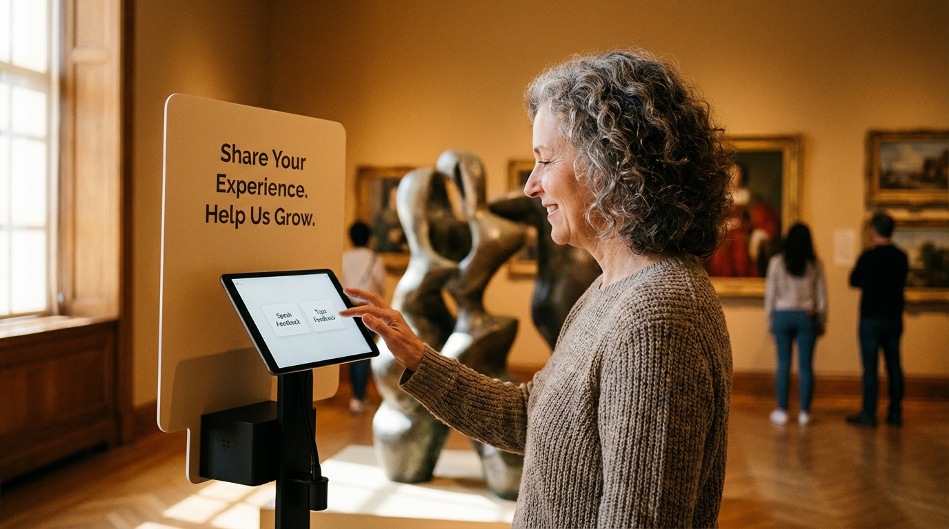 Museum visitor filling out feedback on a tablet at a modern kiosk station, background shows historical artwork
