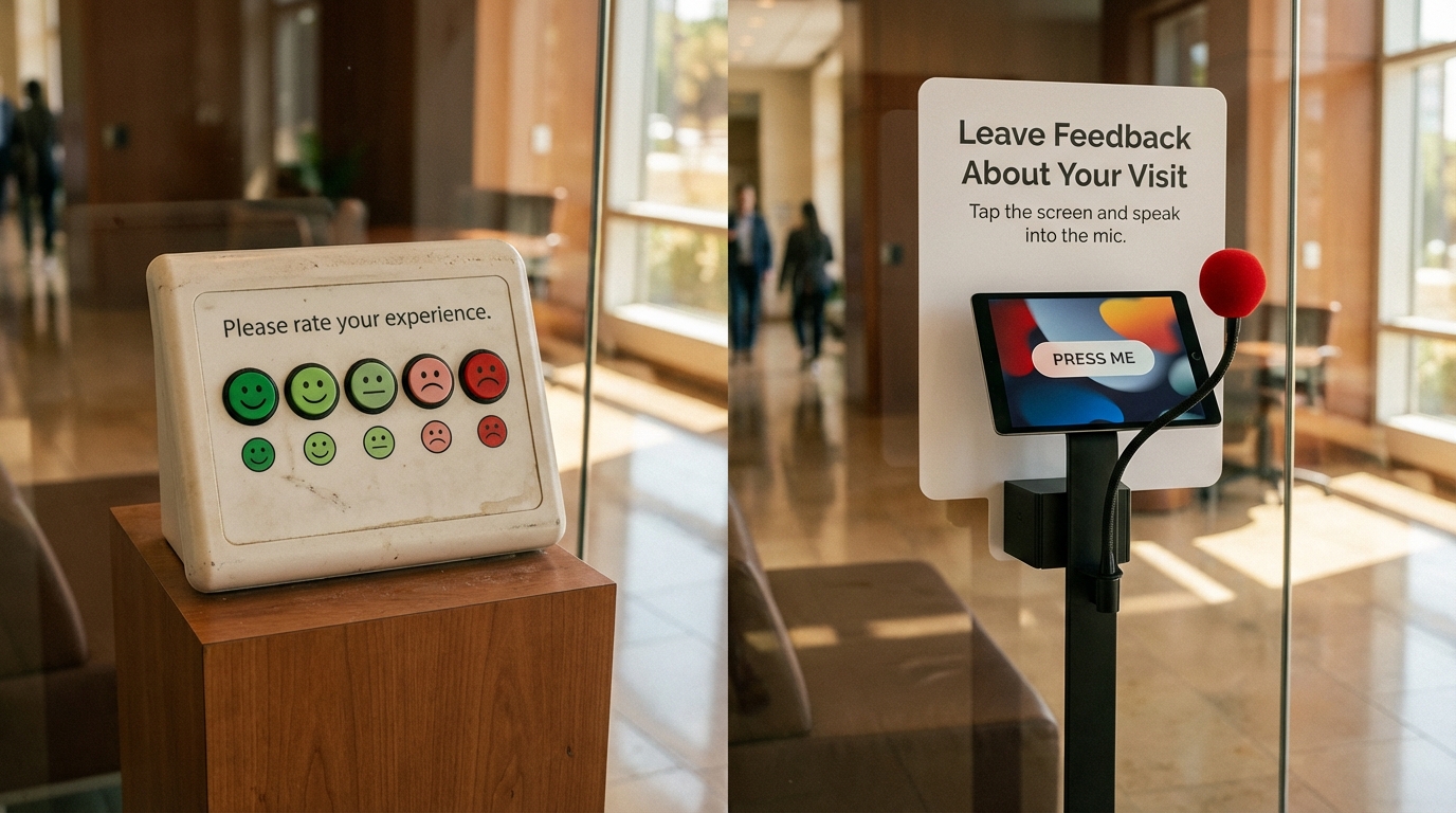 Split-screen comparison showing traditional smiley-button terminal on left, modern touchscreen kiosk on right, both in a customer service environment