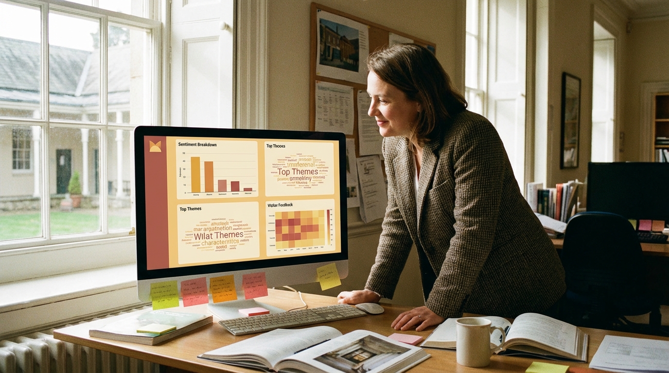 Dashboard showing visitor feedback sentiment distribution and key themes by gallery