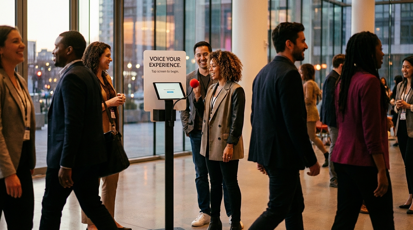 Feedback terminal in a modern event venue, attendees visible in background
