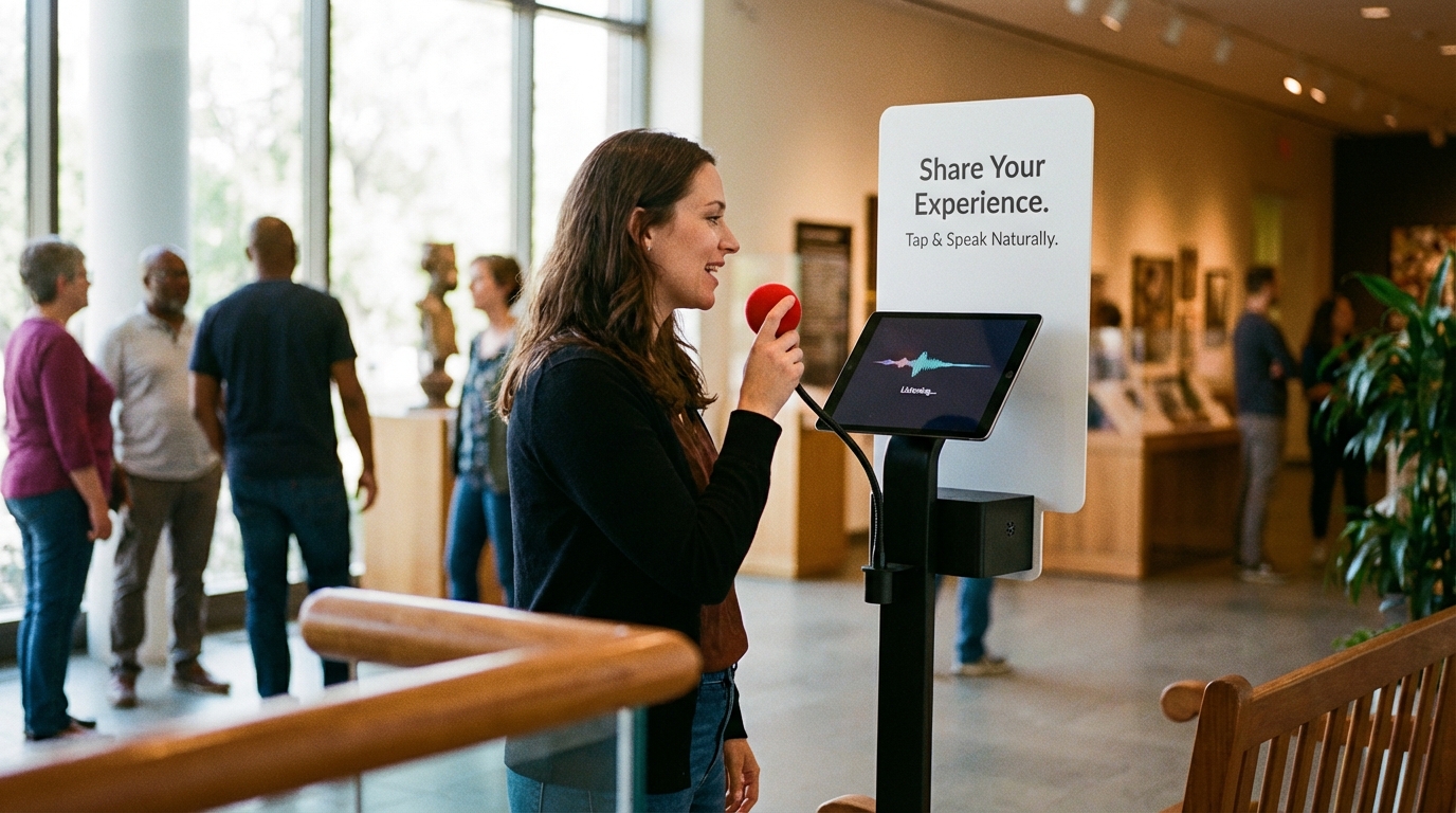 Modern voice feedback kiosk in a bright venue, customer speaking into microphone, display screen showing animated feedback indicator