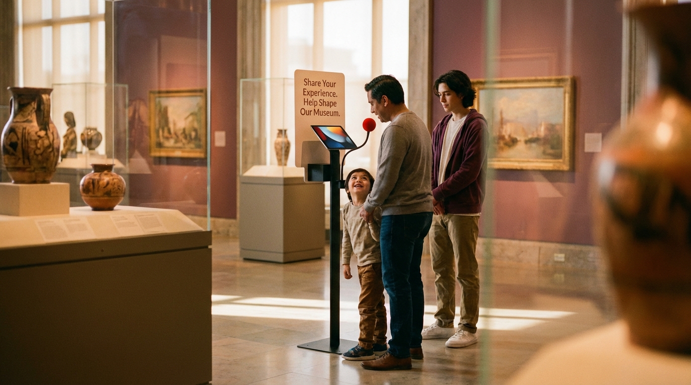 Diverse group of museum visitors of different ages, abilities, and backgrounds, some at a voice feedback terminal, highlighting accessibility and inclusivity