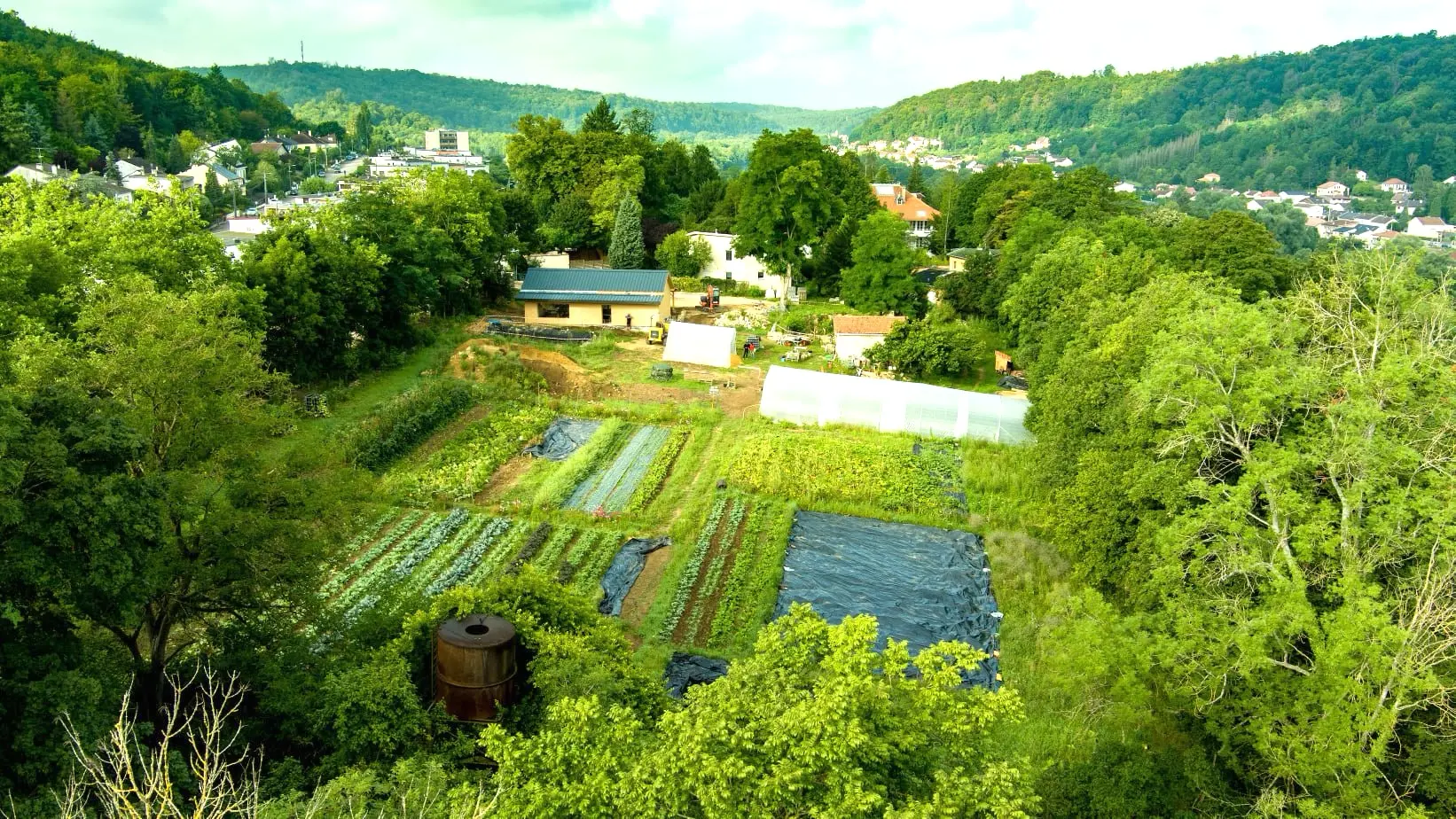vue de drone de la ferme l'Arbre de Vie