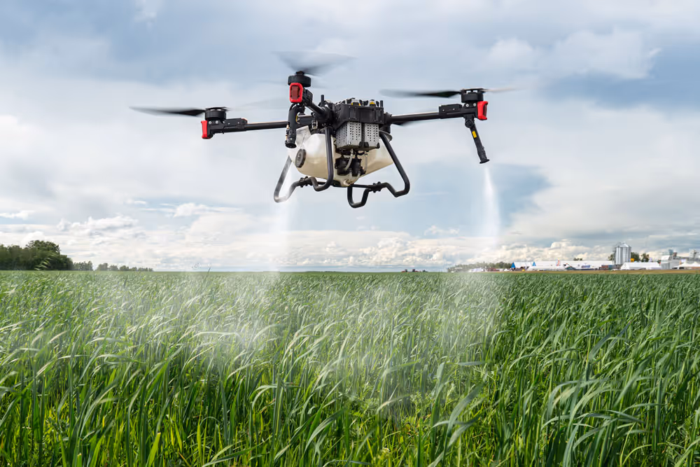 A drone spraying agricultural chemicals