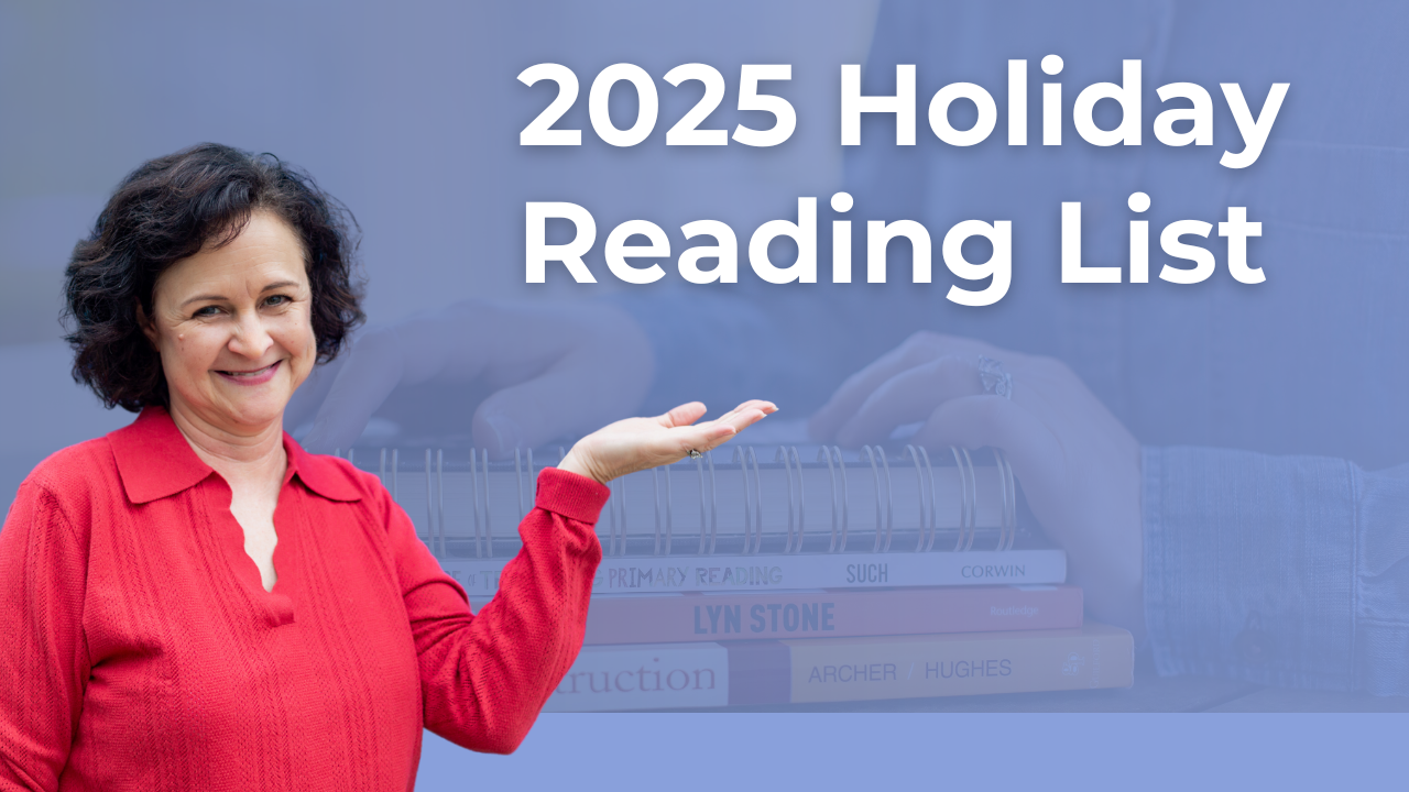 Blue background. Image of Stephanie Stollar in a red sweater on the left side with her palm up. Over her palm it reads, "2025 Holiday Reading List". All of this overlaps a faint image of a stack of books in the background.