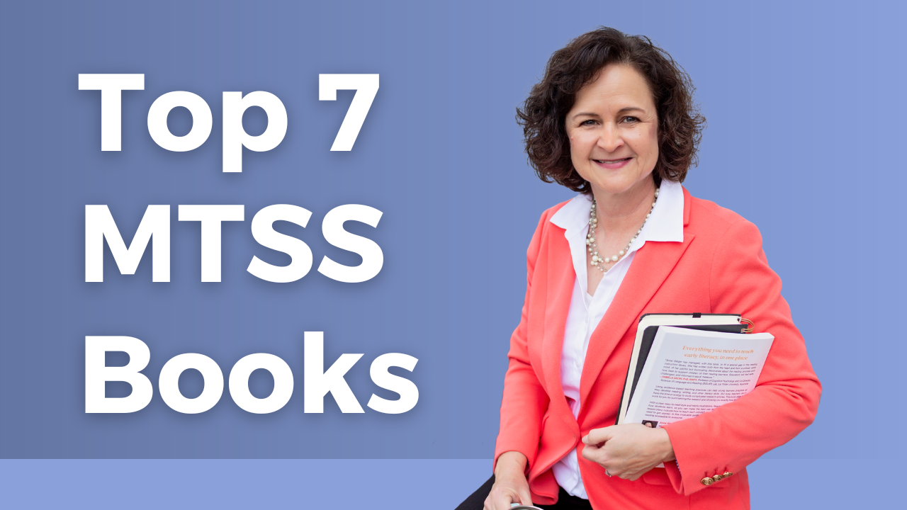 Image of Stephanie Stollar in a pink blazer with a book and notebook in her arm. The image reads, "Top 7 MTSS Books".