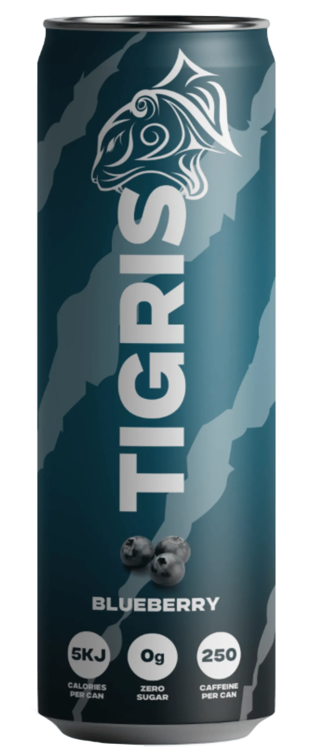 A can of Tigris blueberry flavored protein powder.