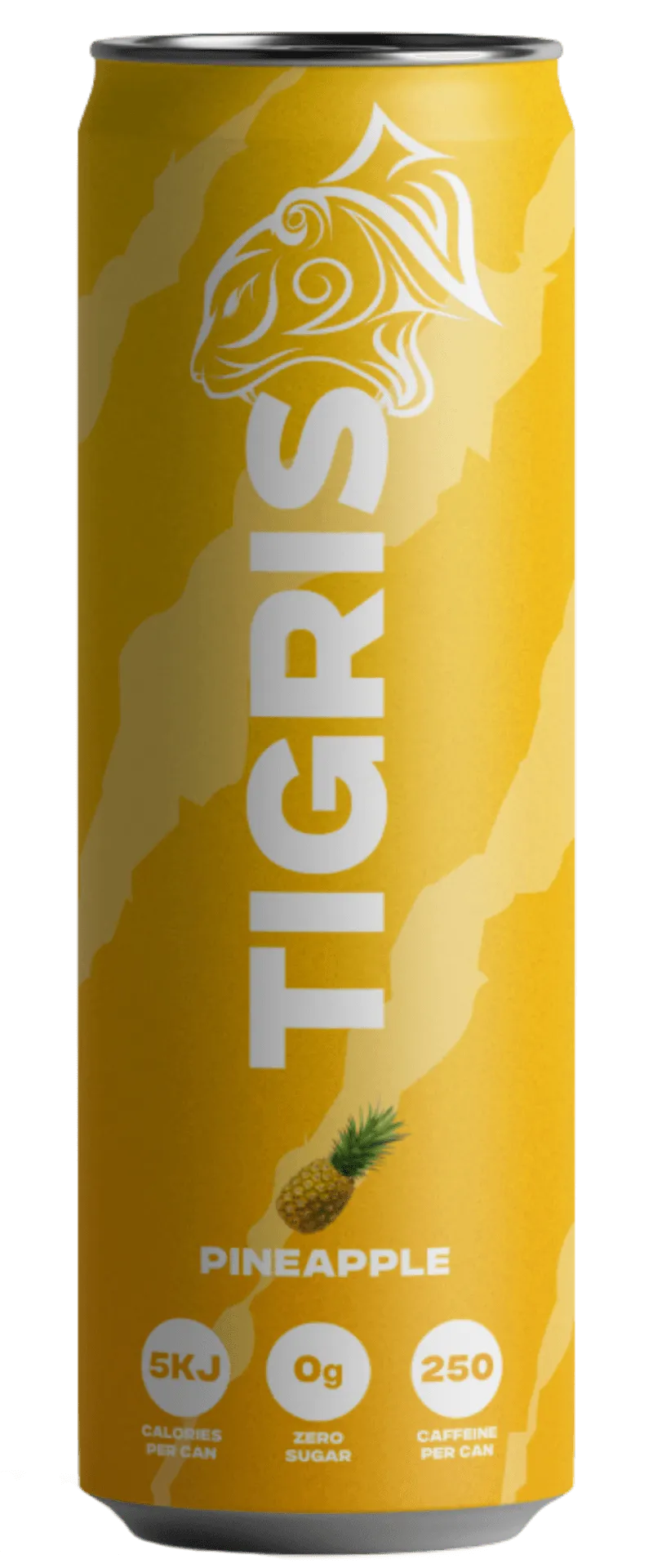 A yellow can of Tigris with a pineapple on the front.