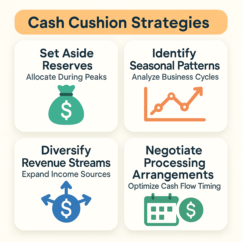 Strategies for building a cash cushion include setting aside reserves, identifying seasonal patterns, diversifying revenue streams, and negotiating processing arrangements.