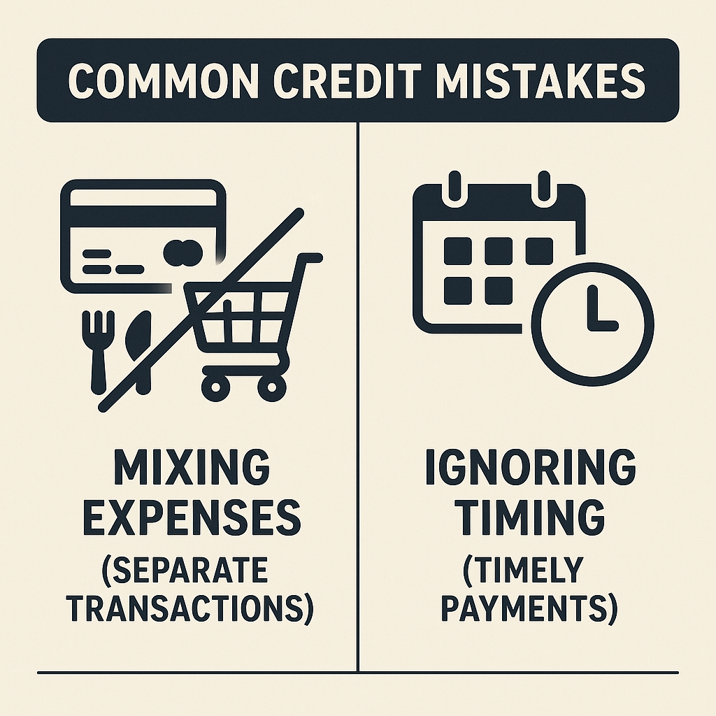Common credit mistakes include mixing personal and business expenses and ignoring payment timing for credit improvement.