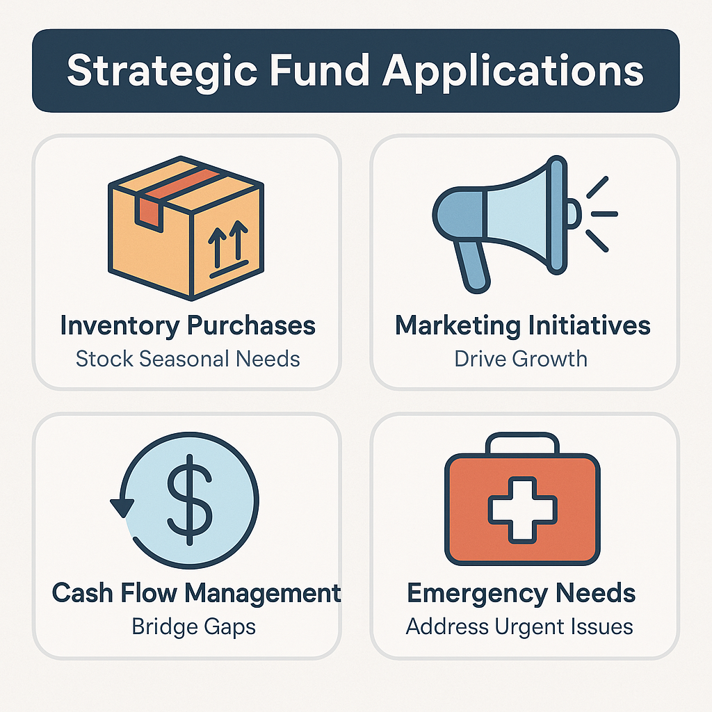 Strategic fund applications for merchant cash advances include inventory purchases, marketing initiatives, cash flow management, and emergency needs.