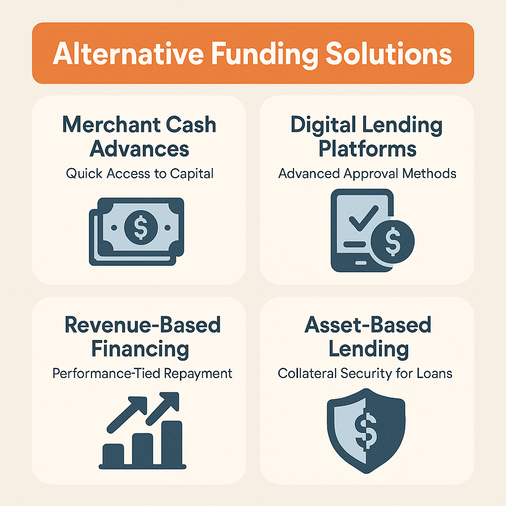 Alternative funding solutions include Merchant Cash Advances, Digital Lending Platforms, Revenue-Based Financing, and Asset-Based Lending.