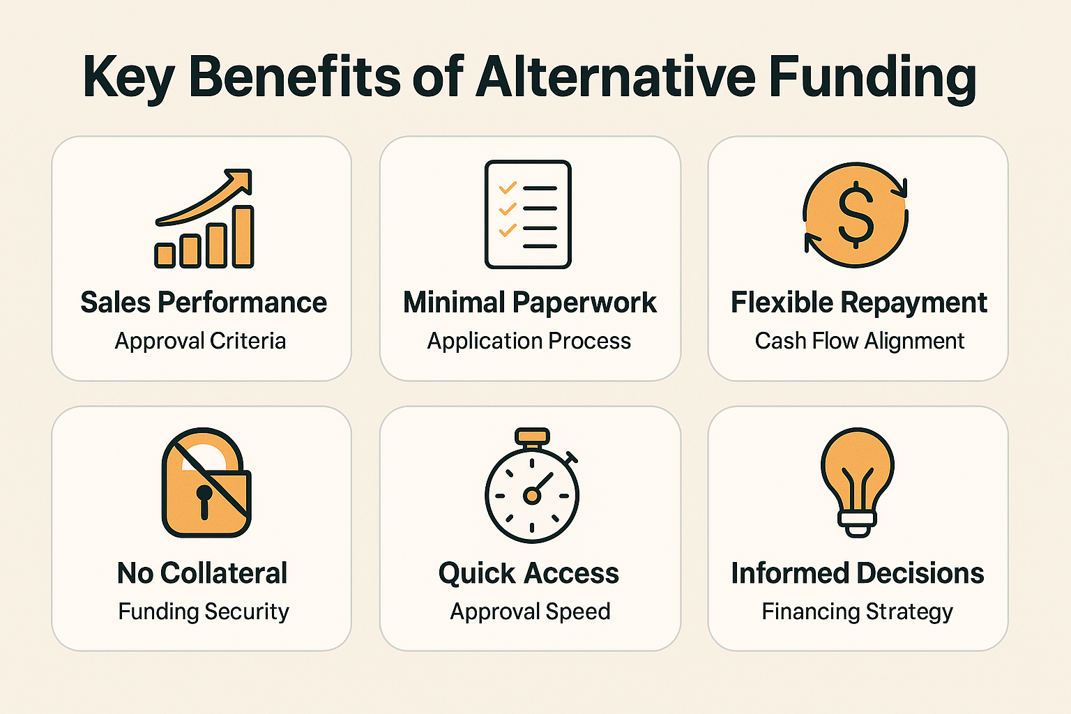 Key benefits of alternative funding include sales performance approval, minimal paperwork, flexible repayment, no collateral, quick access, and informed decisions.