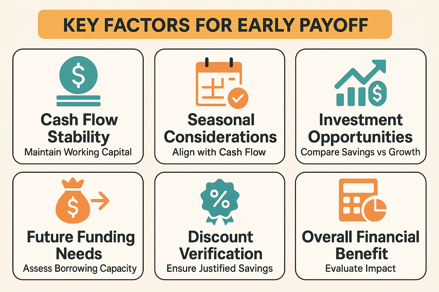 Evaluate cash flow stability, seasonal considerations, investment opportunities, future funding needs, and discount verification for early payoff.