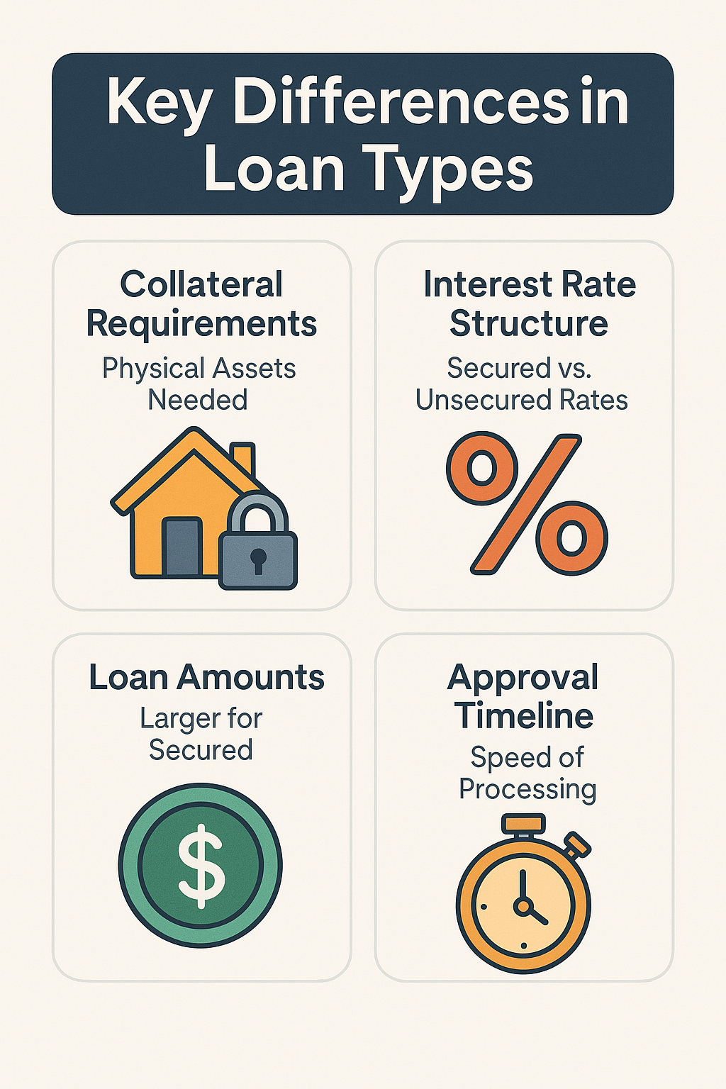 Key differences in secured and unsecured business loans including collateral requirements, interest rates, loan amounts, and approval timelines.
