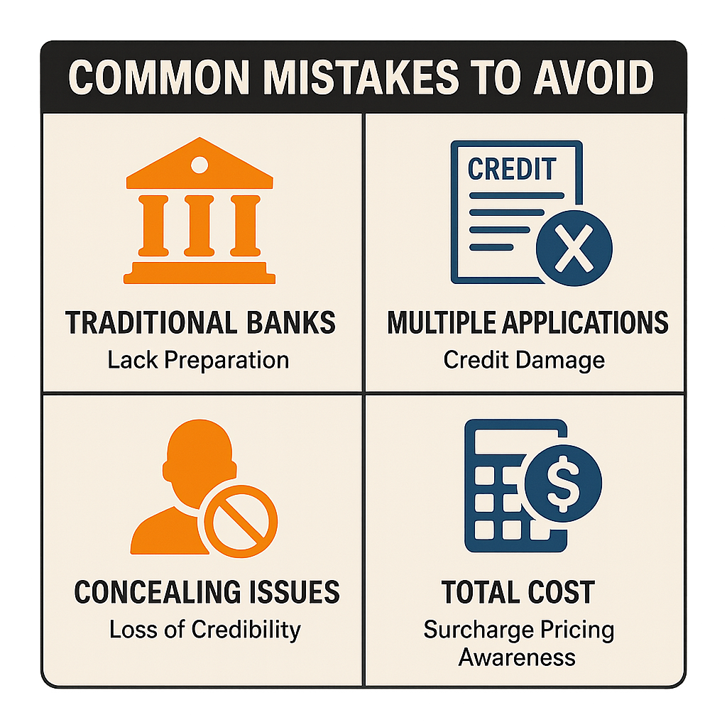 Common mistakes when seeking funding include lack of preparation, multiple applications, hiding credit issues, and ignoring total costs.