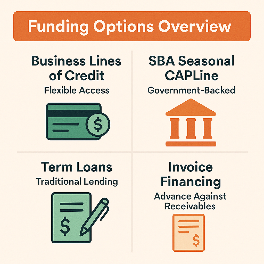 Overview of funding options for seasonal businesses including lines of credit, SBA CAPLine, term loans, and invoice financing.