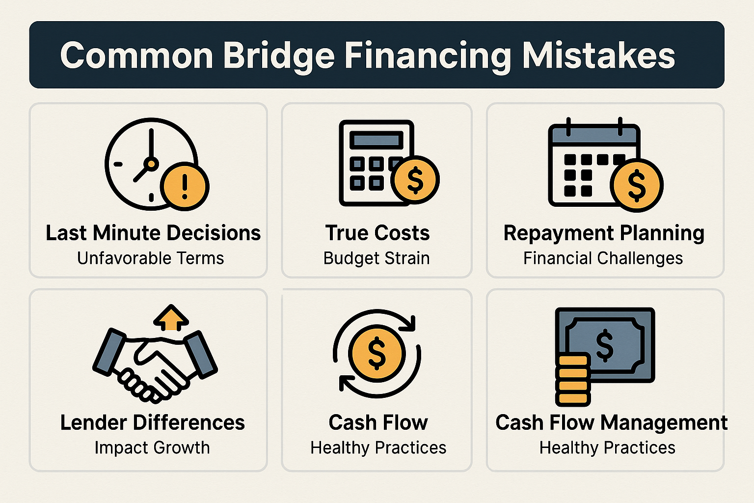 Common mistakes in bridge financing include last minute decisions, underestimating costs, repayment planning, lender differences, and cash flow management.