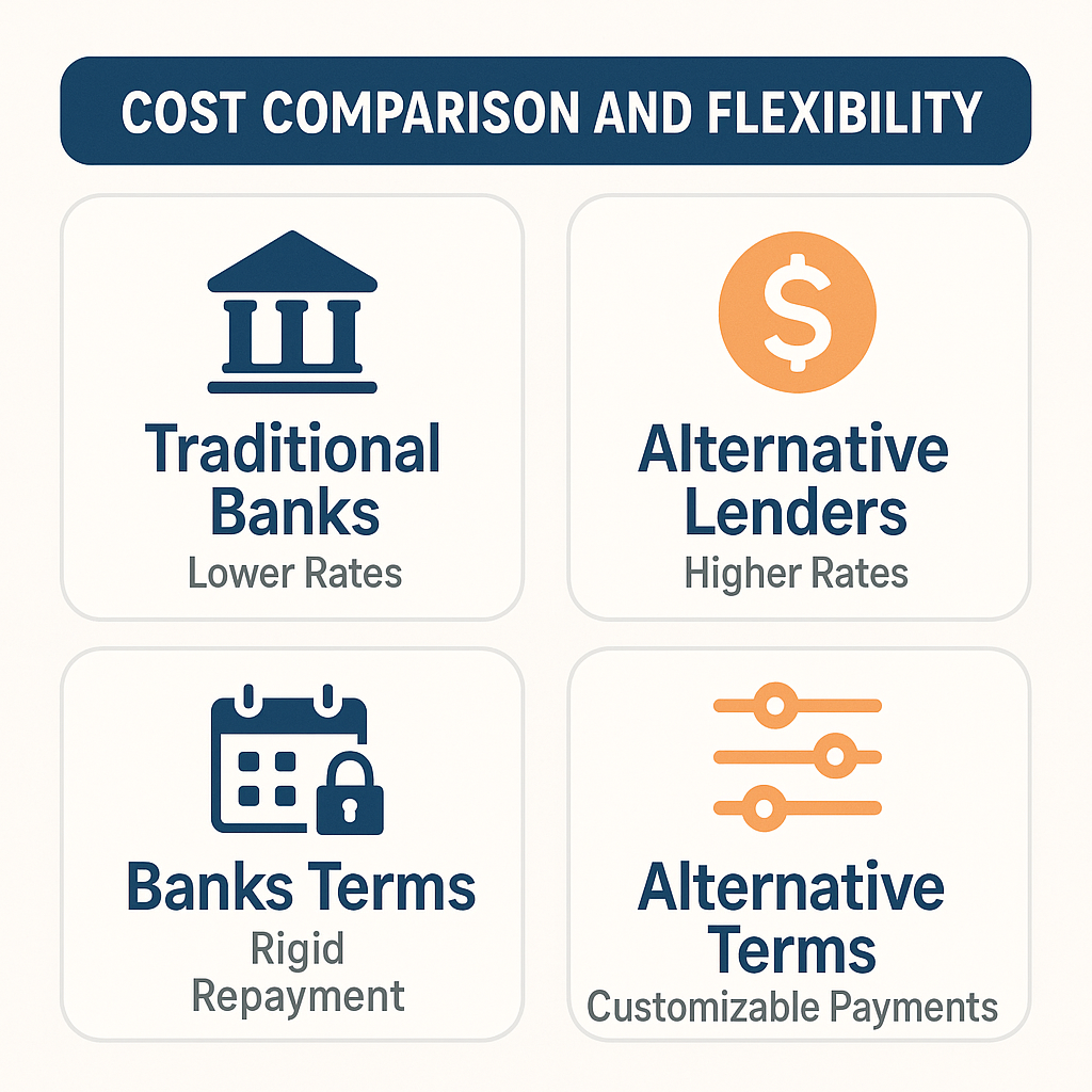 Comparison of cost and flexibility between traditional banks and alternative lenders, highlighting rates and repayment terms.