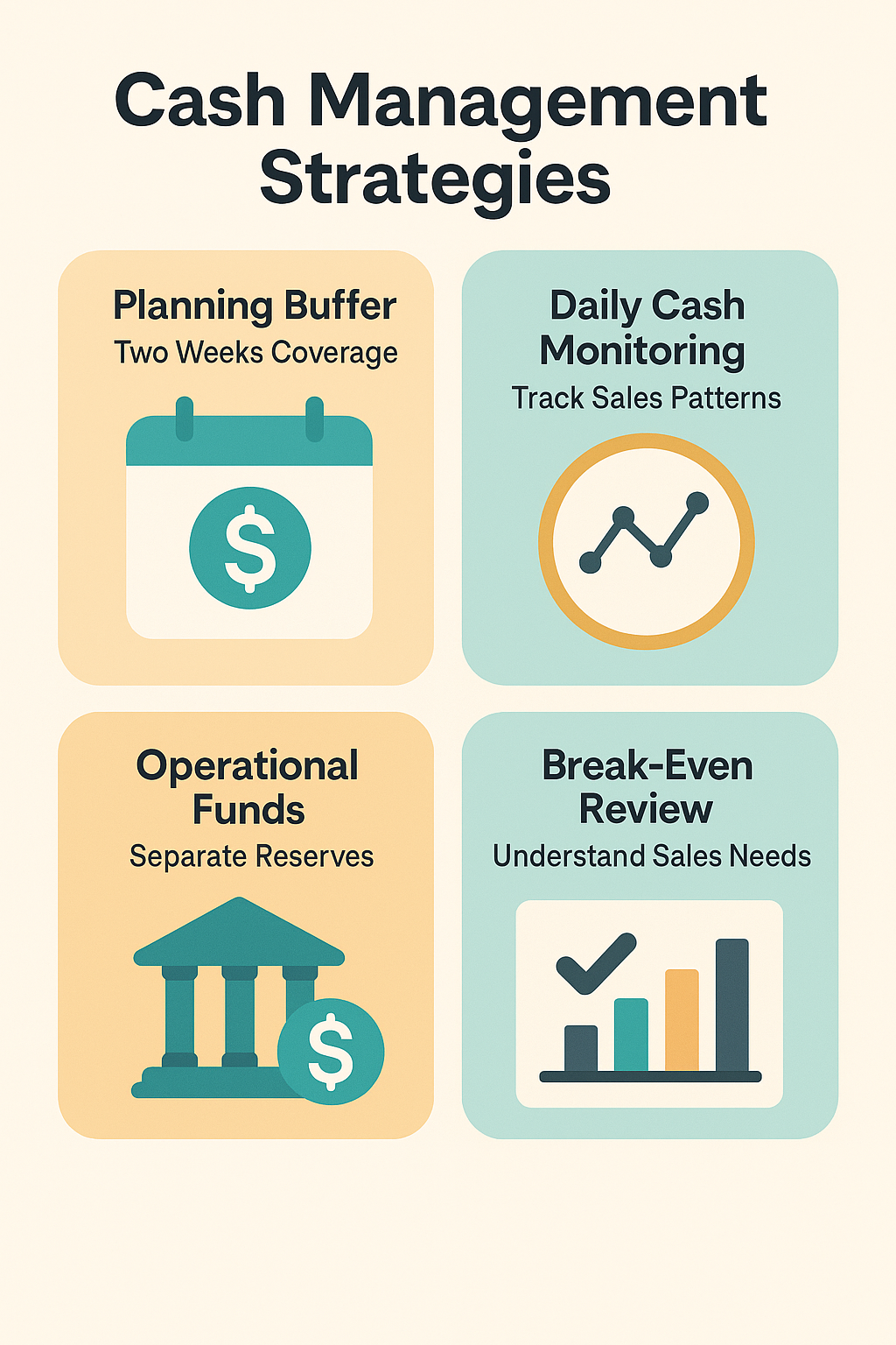 Cash management strategies for daily repayments include planning buffer, daily cash monitoring, separate operational funds, and break-even review.