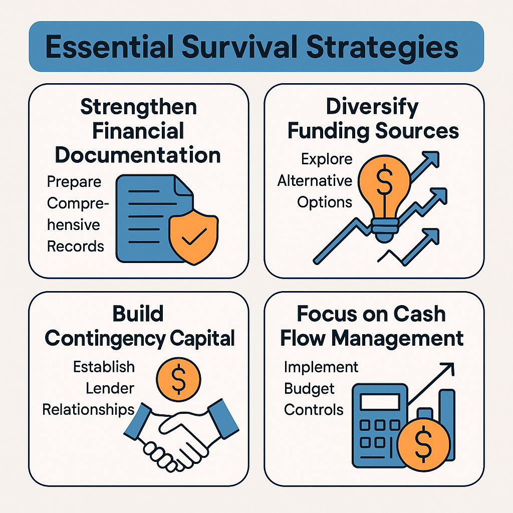 Survival strategies for businesses include strengthening documentation, diversifying funding, building capital, and managing cash flow.