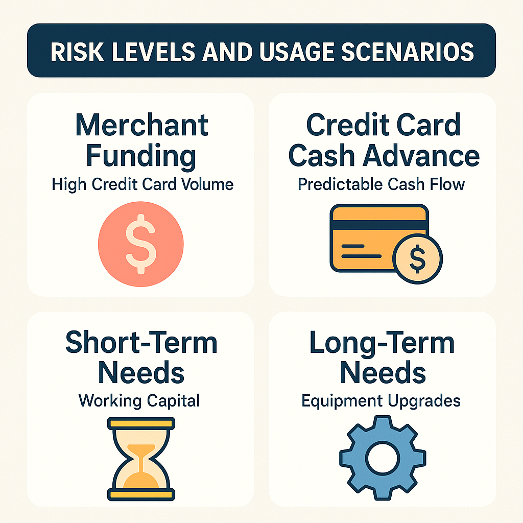 Comparison of merchant funding and credit card cash advance based on risk levels, usage scenarios, and funding needs.