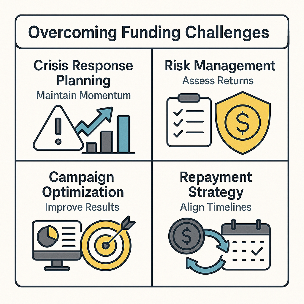 Key strategies for overcoming challenges in MCA marketing funding include crisis response planning, risk management, and campaign optimization.
