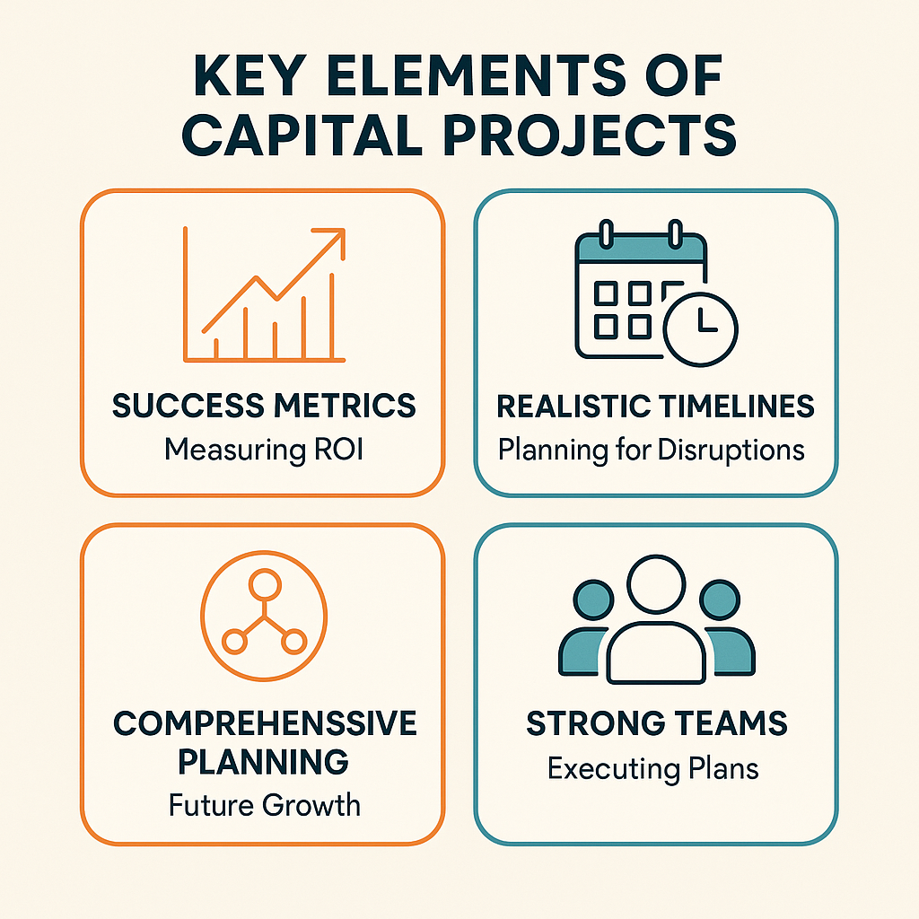 Key elements of effective restaurant capital projects include success metrics, realistic timelines, comprehensive planning, and strong teams.