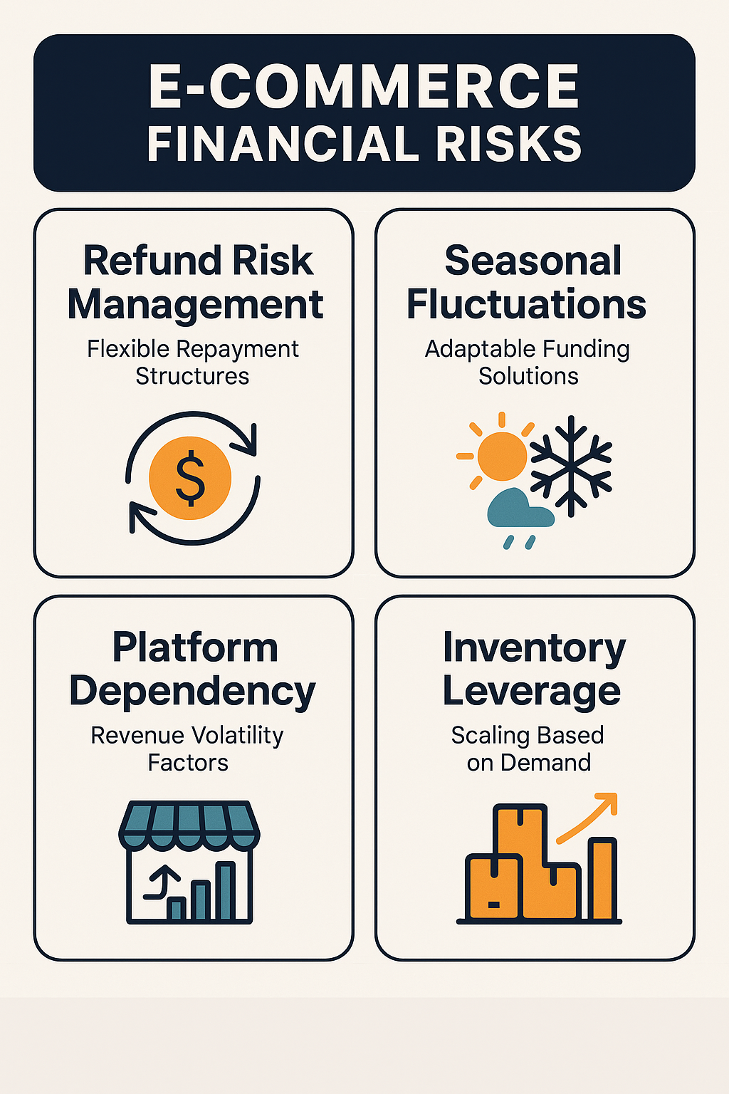 E-commerce financial risks including refund risk management, seasonal fluctuations, platform dependency, and inventory leverage.