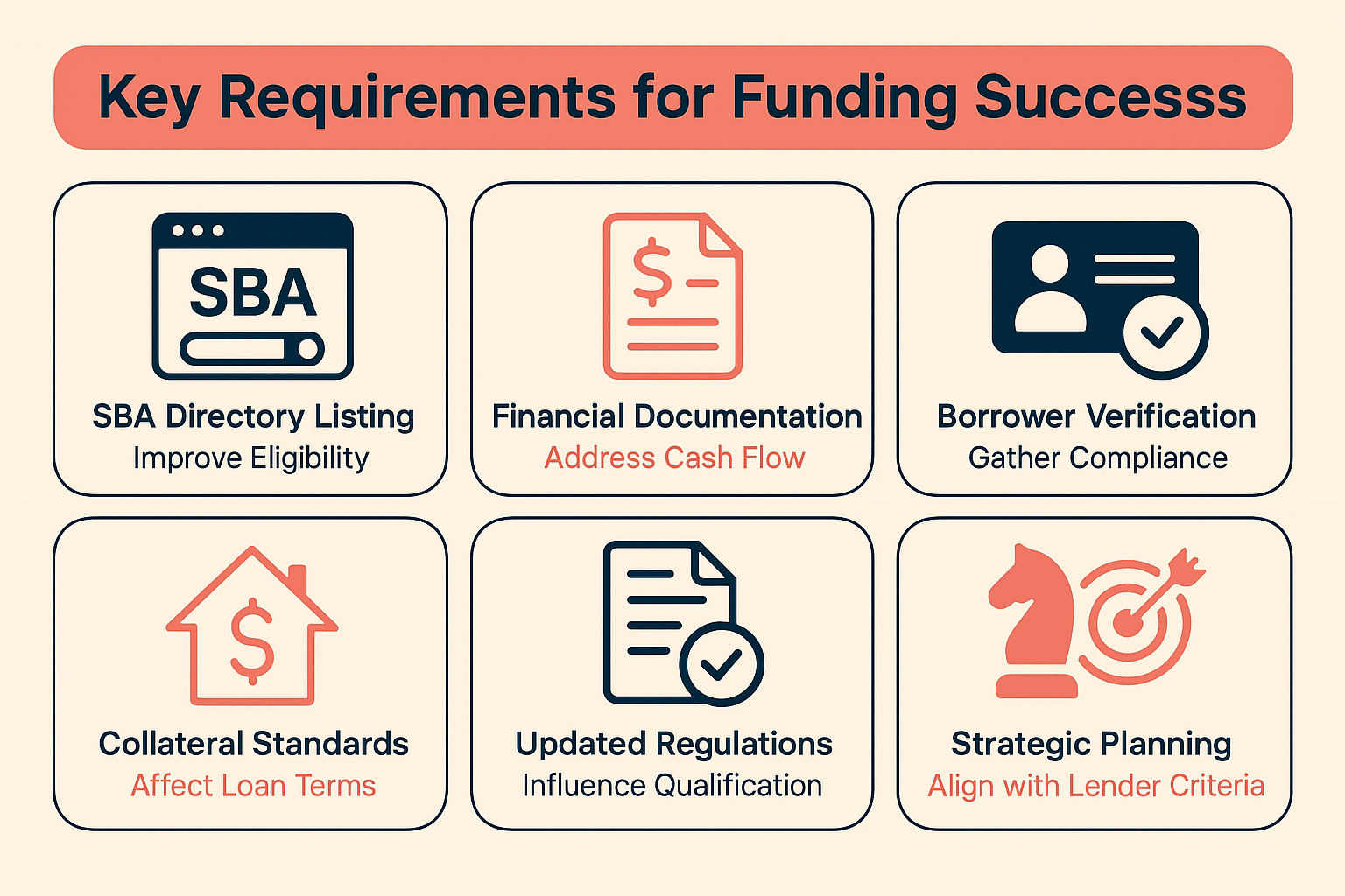 Key requirements for franchise funding success include SBA directory listing, financial documentation, borrower verification, and collateral standards.