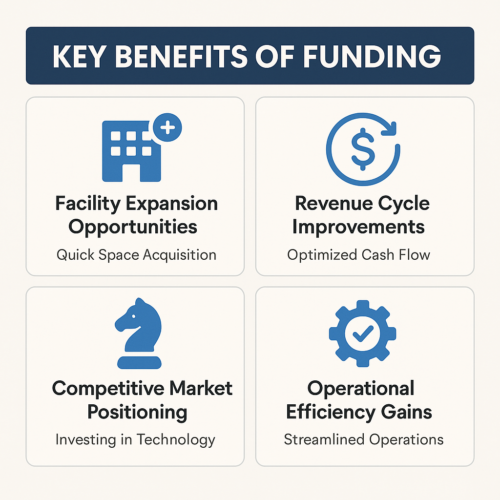 Key benefits of medical practice funding include facility expansion, revenue cycle improvements, competitive positioning, and operational efficiency.