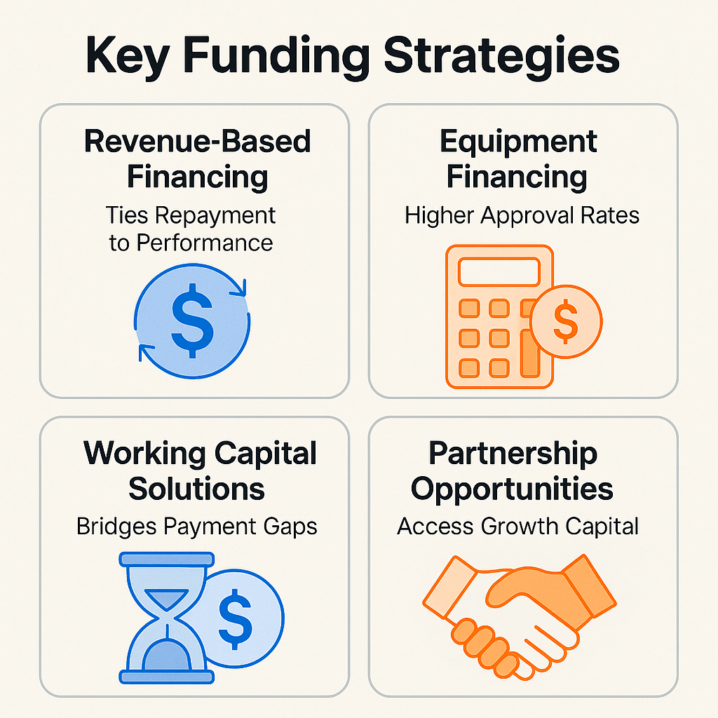 Funding strategies for service-based businesses include revenue-based financing, equipment financing, working capital solutions, and partnerships.