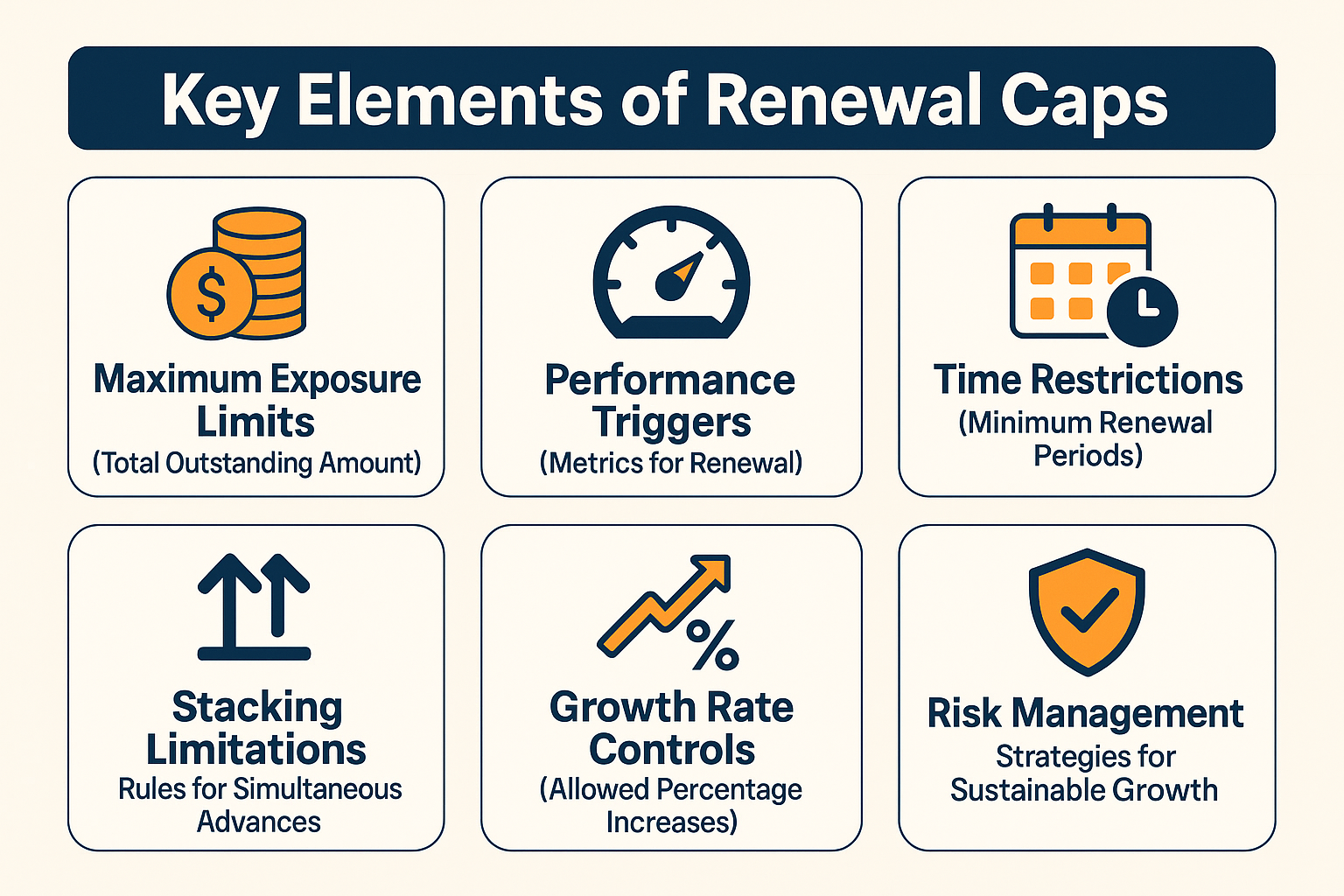 Key elements of renewal caps include maximum exposure limits, performance triggers, time restrictions, stacking limitations, and growth rate controls.