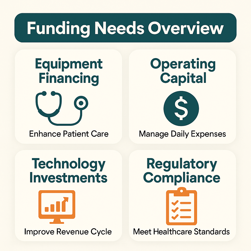 Overview of funding needs in healthcare including equipment financing, operating capital, technology investments, and regulatory compliance.