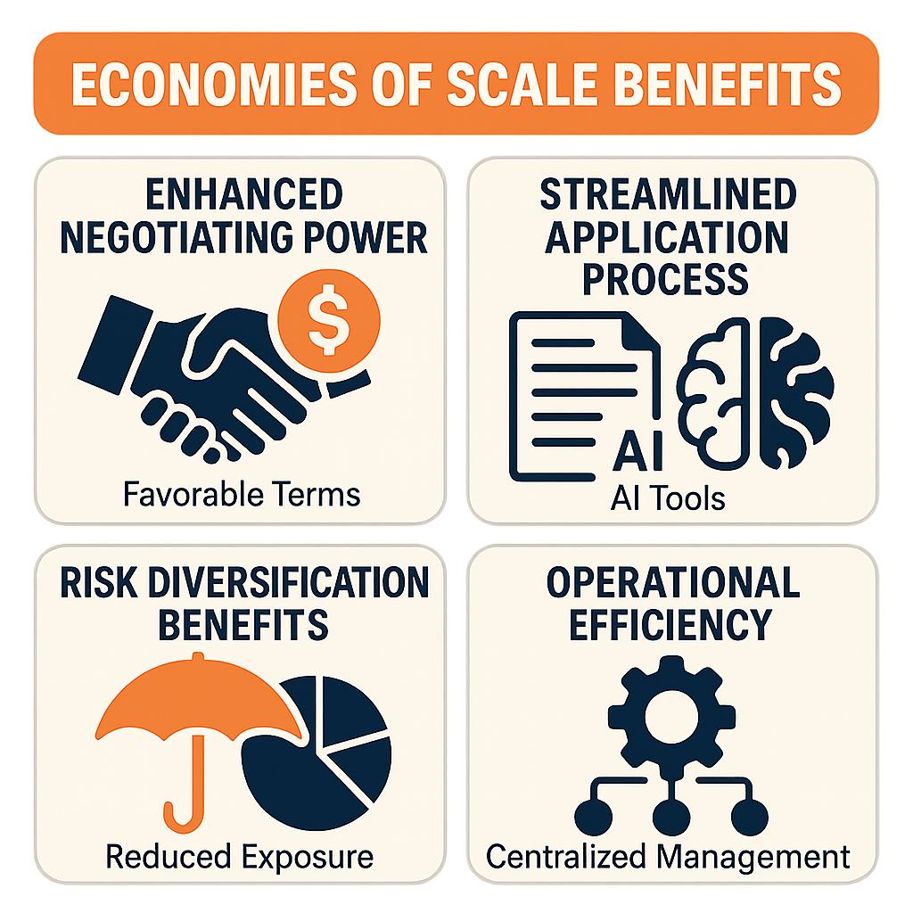 Key benefits of economies of scale in merchant funding include negotiating power, streamlined processes, risk diversification, and efficiency.
