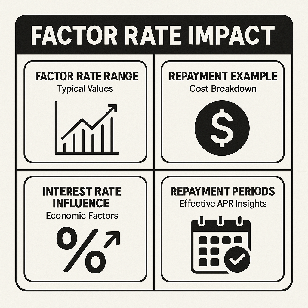 Factor rate impact on financing costs, including typical ranges, repayment examples, interest rate influences, and effective APR insights.