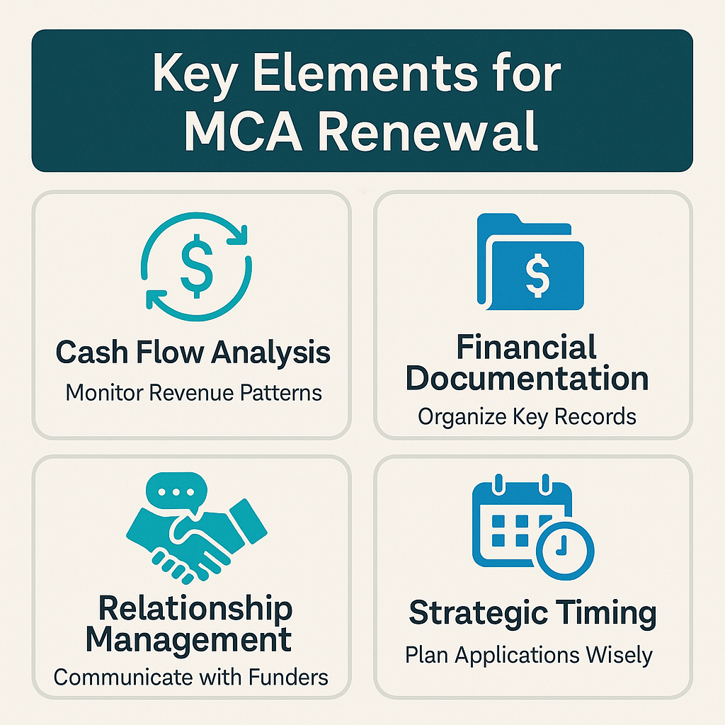 Key elements for effective MCA renewal planning include cash flow analysis, financial documentation, relationship management, and strategic timing.