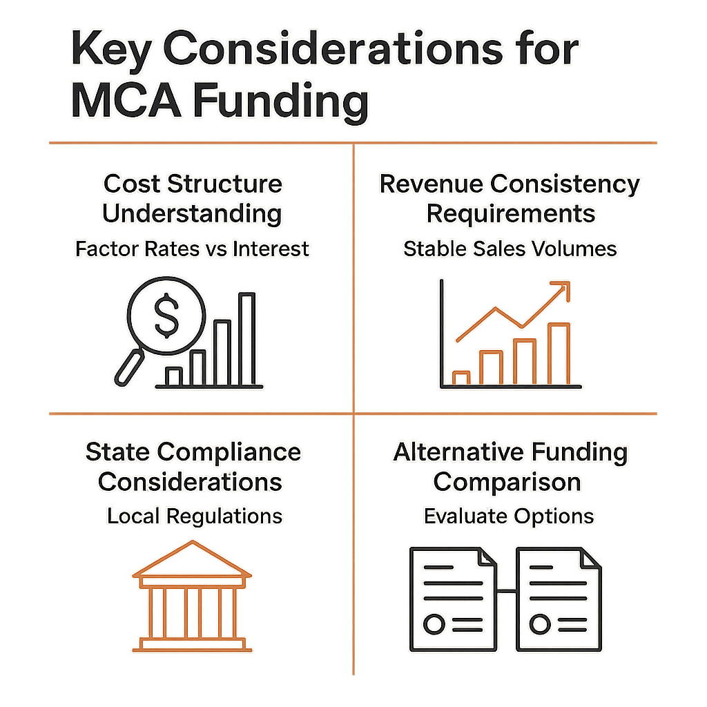 Key considerations for MCA funding include cost structure, revenue consistency, state compliance, and alternative funding options.