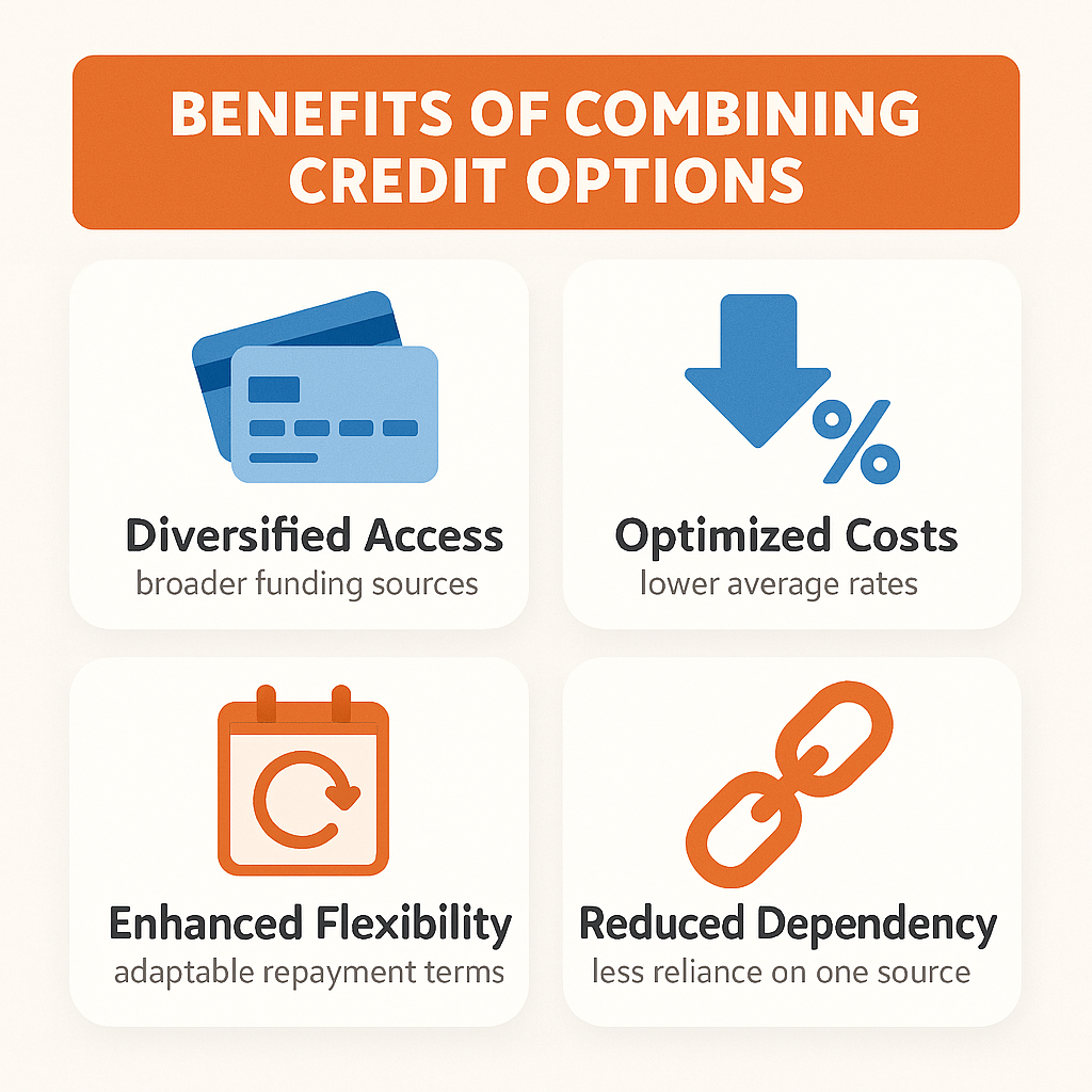 Key benefits of combining credit options include diversified access, optimized costs, enhanced flexibility, and reduced dependency risk.
