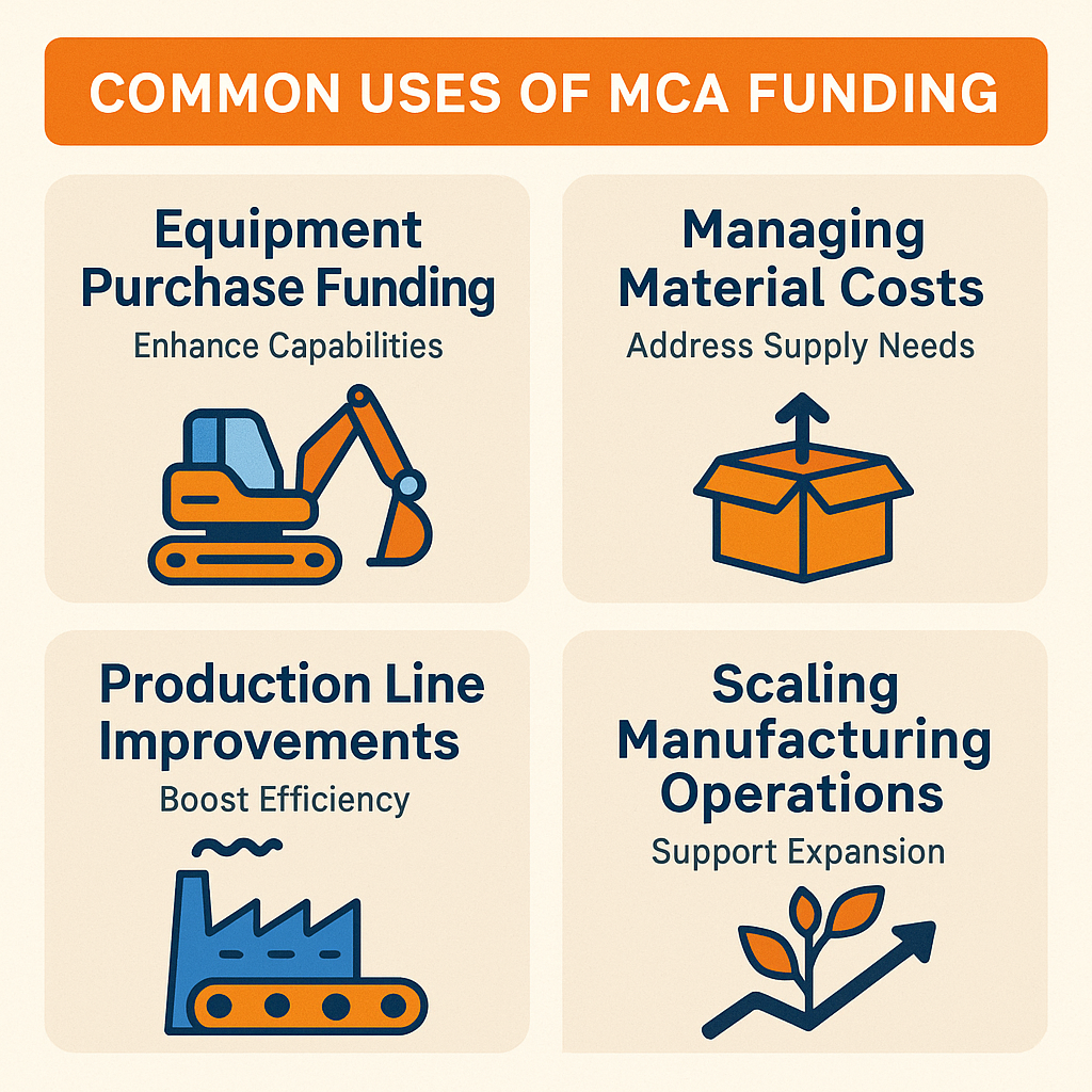 Key applications of MCA funding include equipment purchase, managing material costs, production line improvements, and scaling operations.