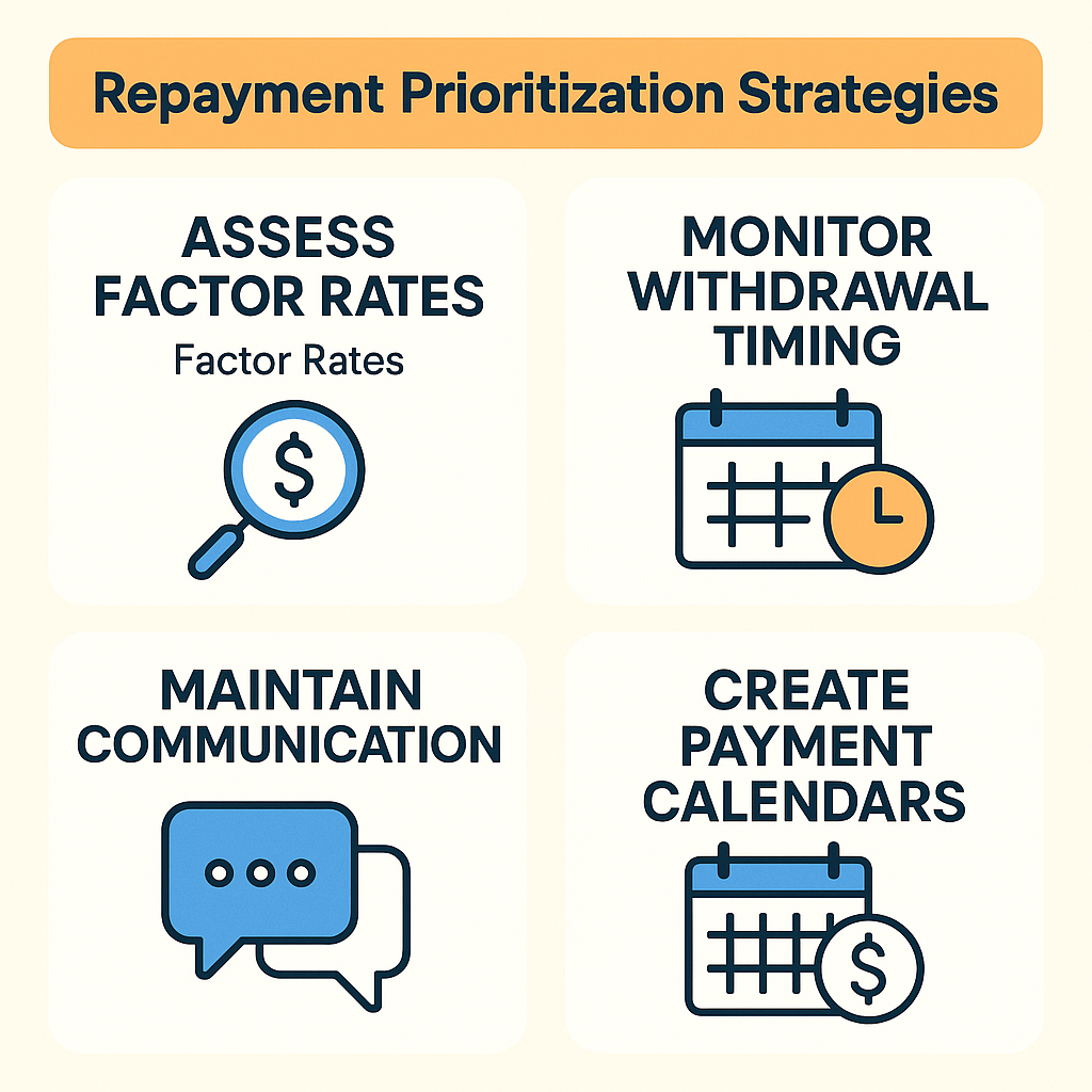 Key strategies for prioritizing MCA repayments include assessing factor rates, monitoring withdrawal timing, maintaining communication, and creating payment calendars.