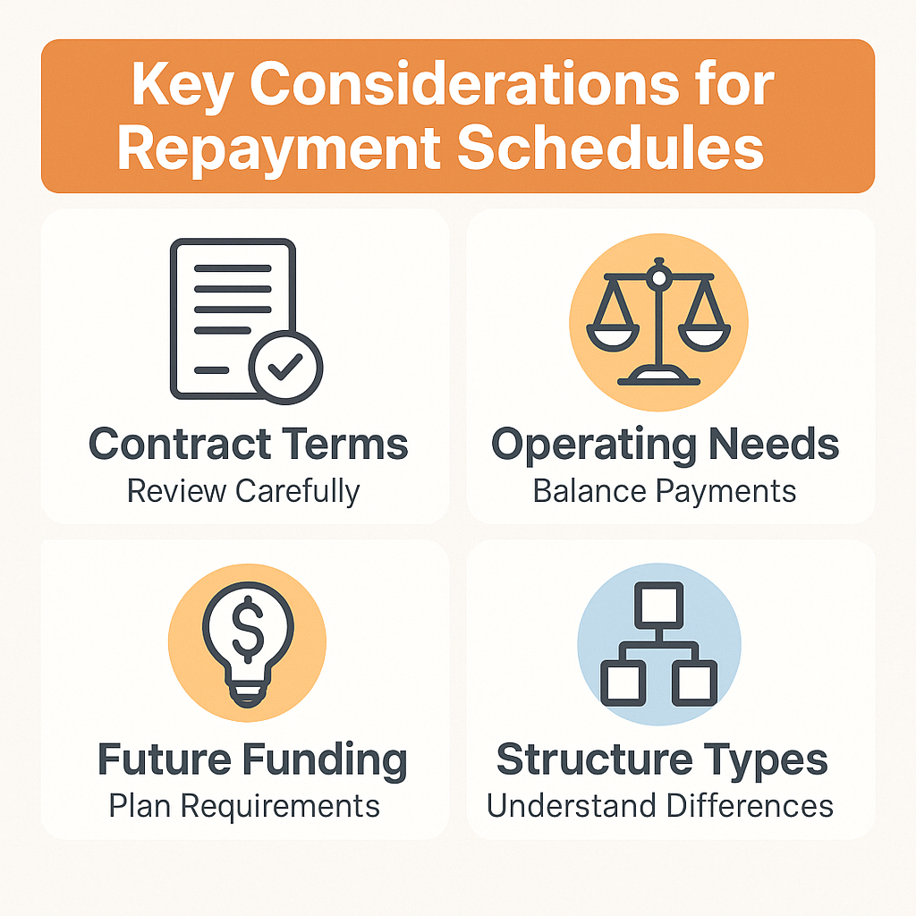 Key considerations for managing repayment schedules: review contract terms, balance operating needs, plan for future funding, understand structure types.