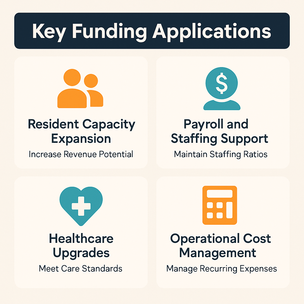 Key funding applications for assisted living facilities include resident capacity expansion, payroll support, healthcare upgrades, and cost management.