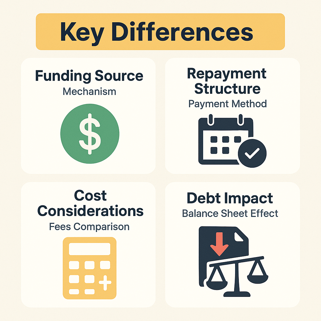 Key differences between MCA and invoice factoring including funding source, repayment structure, cost considerations, and debt impact.